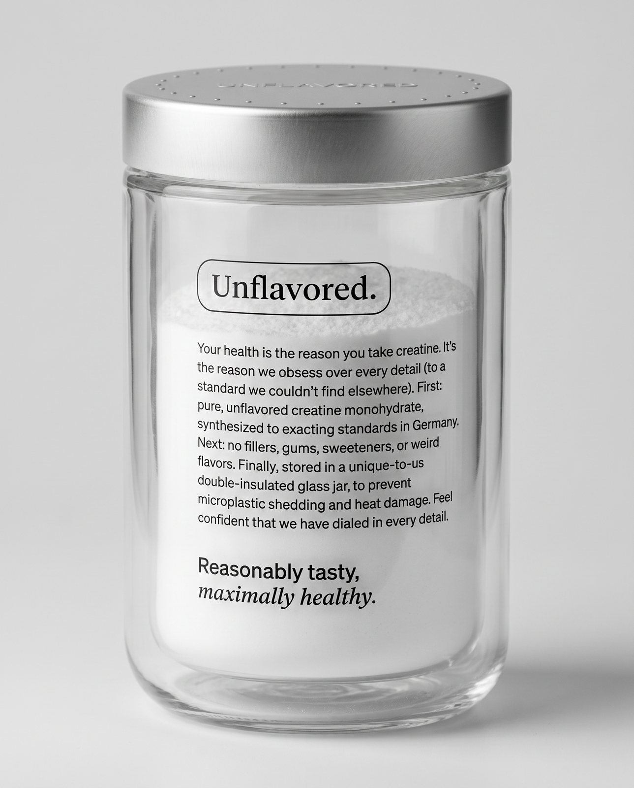 The back of the jar, with the Unflavored wordmark and label text printed directly on the glass