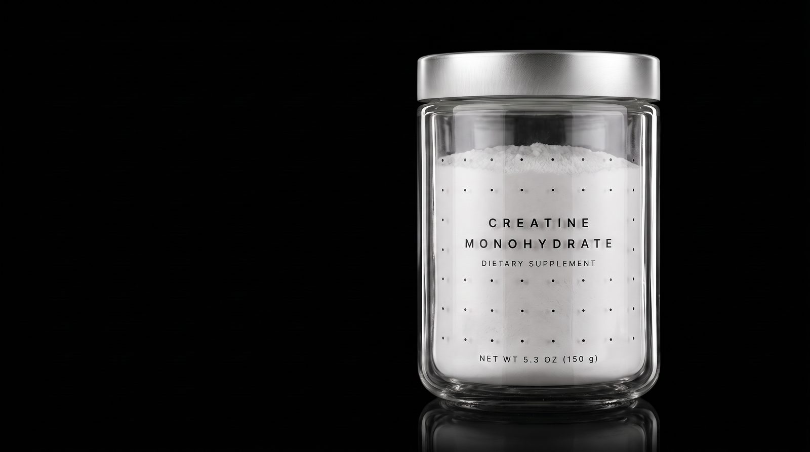 The Unflavored glass jar of creatine monohydrate with its aluminum cap, on black