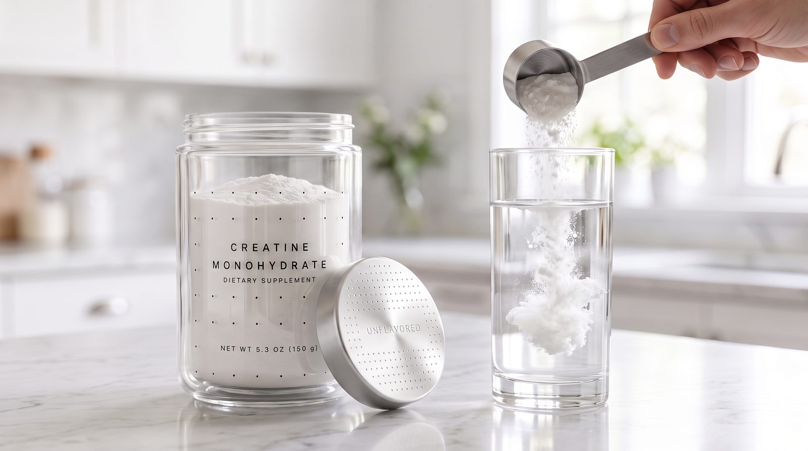 A scoop of Unflavored creatine being stirred into a glass of water next to the open jar