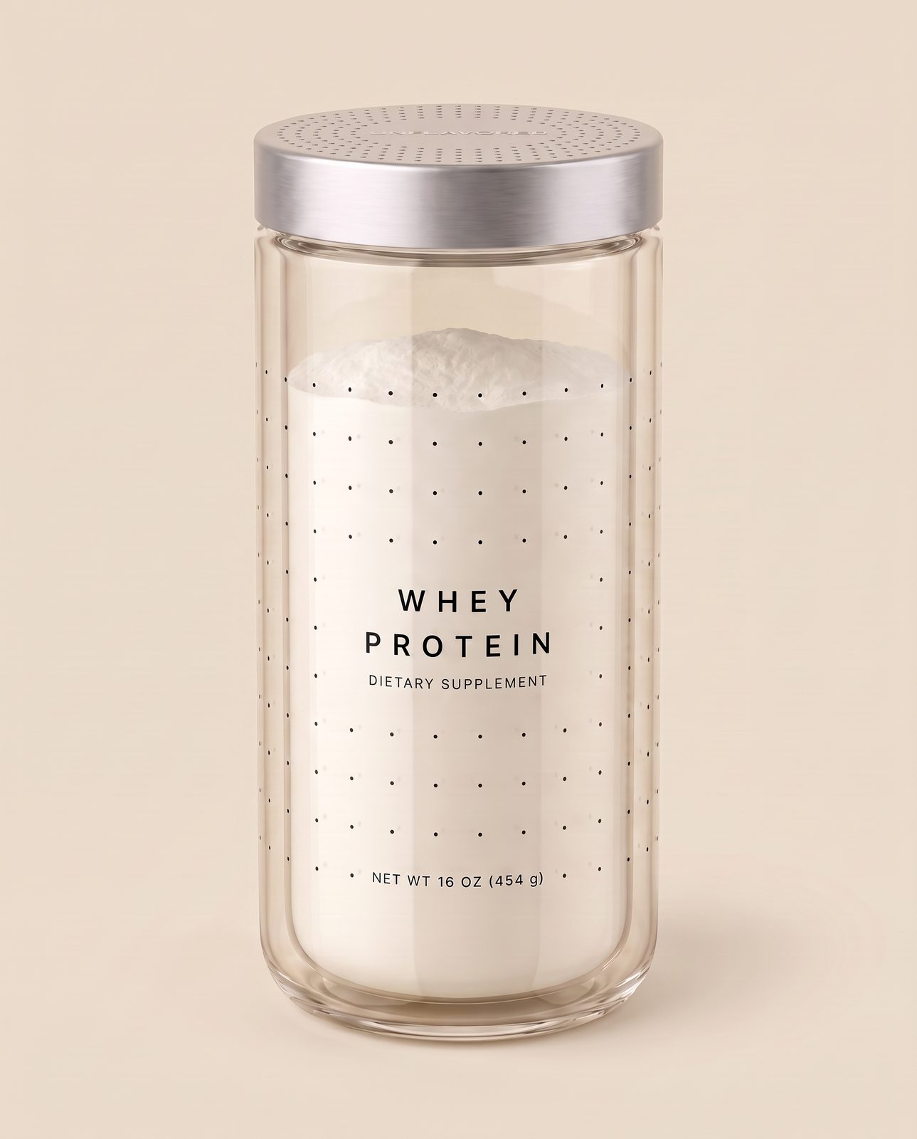 Unflavored Whey Protein in a tall glass canister